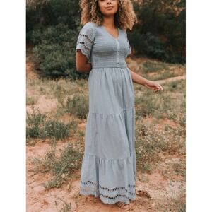 ONE LOVED BABE Shall We Dance Maxi Dress Size XXXL Eyelet Flutter Feminine Blue